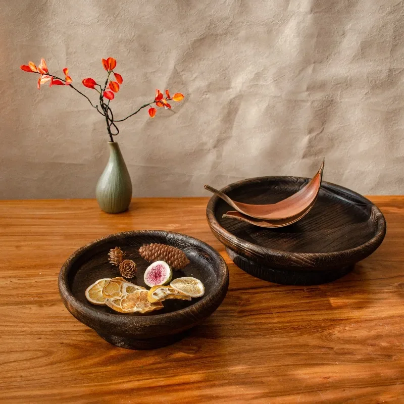 Solid wood dried fruit plate Chinese retro bergamot tray surprised by the silence of the wind tea room handmade plate terracotta