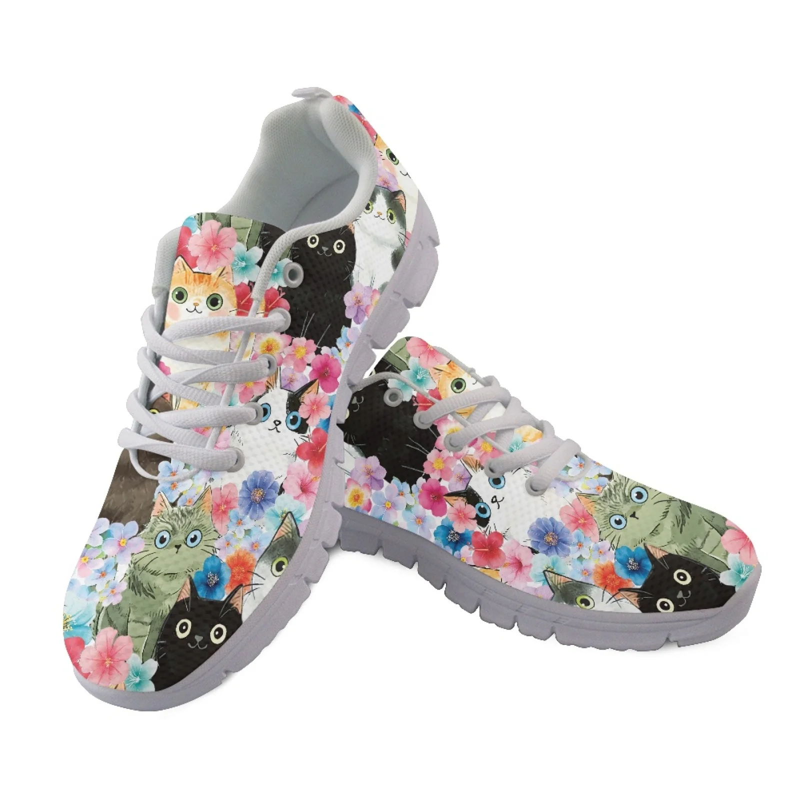Coloranimal Breathable Lace Up Work Shoes for Men Mesh Trainers for Walking Cats Floral