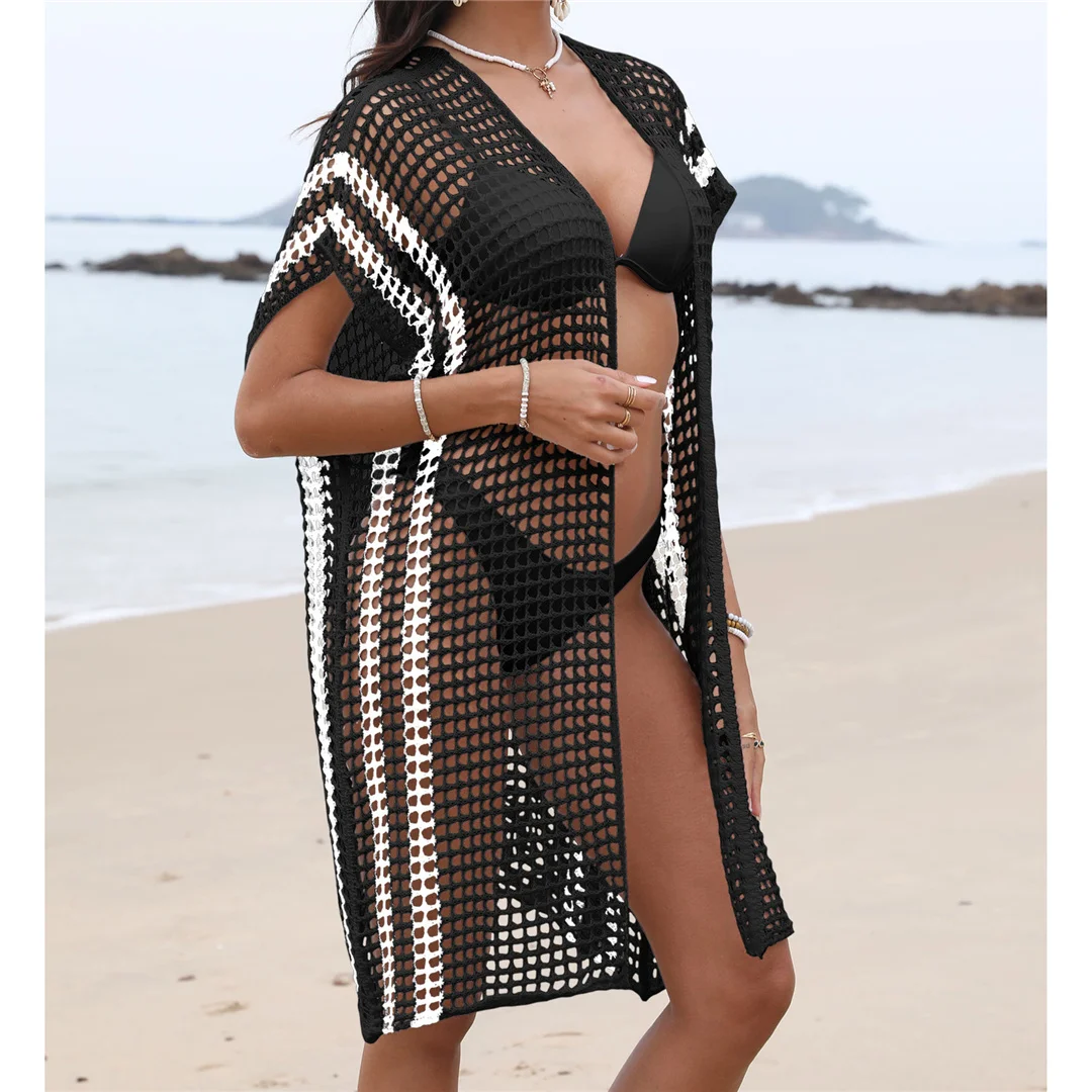 2026 Ausgehöhltes Kurzarm-Häkel-Strick-Tunika Strandkleid Strandkleidung Strandmode Strandüberwurf Damen V6593 – Detail 16