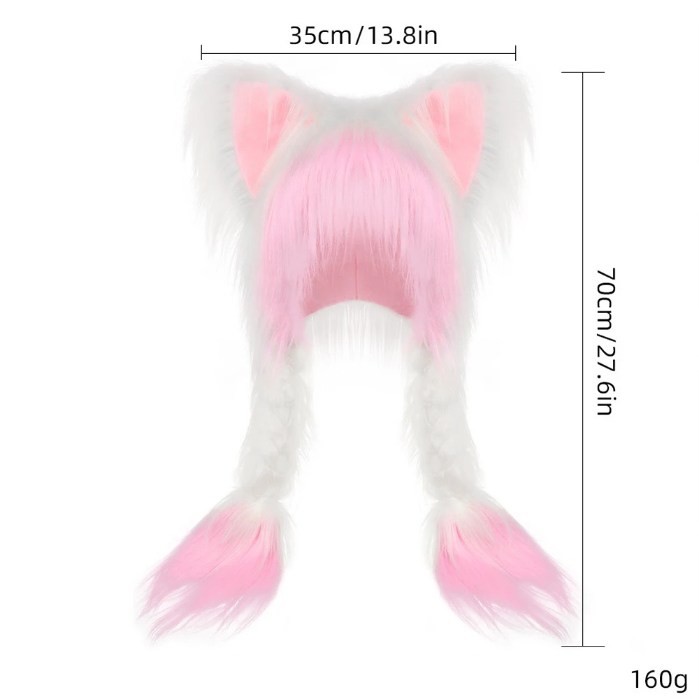 Y2K Cat Ears Hat Kawaii Long Plush Fox Ear Double Braid Fashion Versatile Anime Fall and Winter Cap Halloween Dress Up Headwears