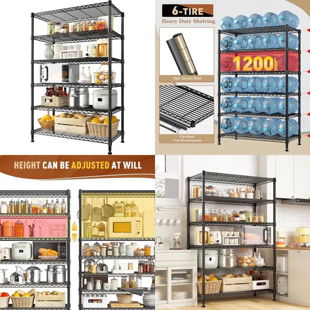 

6-уровневые сверхпрочные металлические полки для хранения с регулируемыми блоками, вместимость 1200 фунтов, проволочная полка для организации дома и офиса