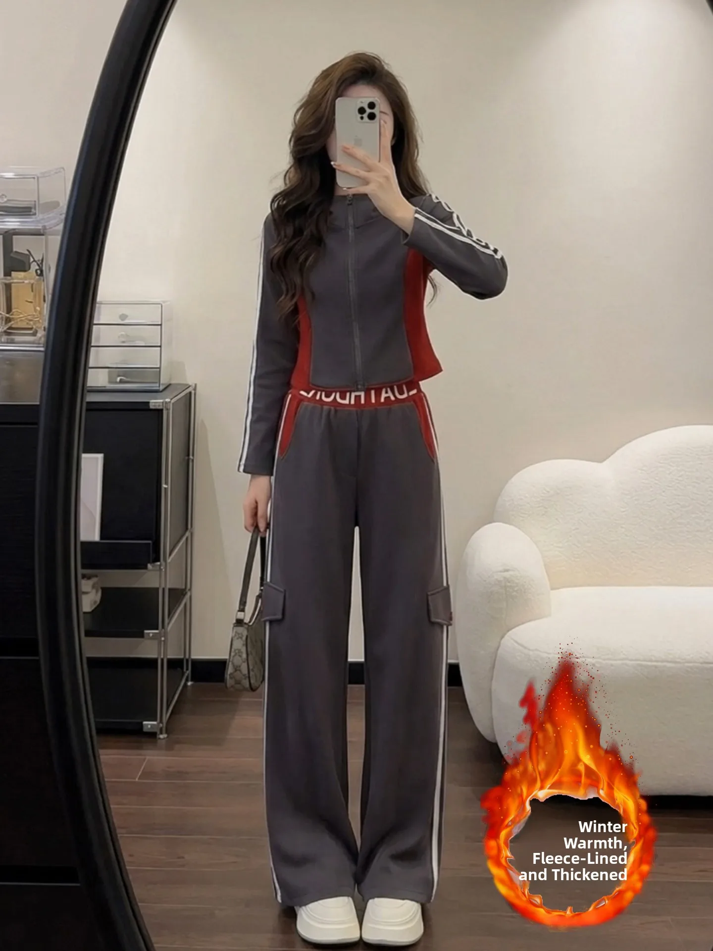 

Casual Sportswear Set Women's Zipper Hoodie Wide Leg Pants Two Piece Suit Slimming Autumn Winter Faion Trendy Streetwear