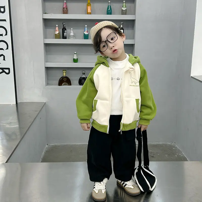 Boys' Fleece-Lined Jacket Spring and Autumn New Baby Hoodie Children's Casual Zip-up Shirt Outerwear