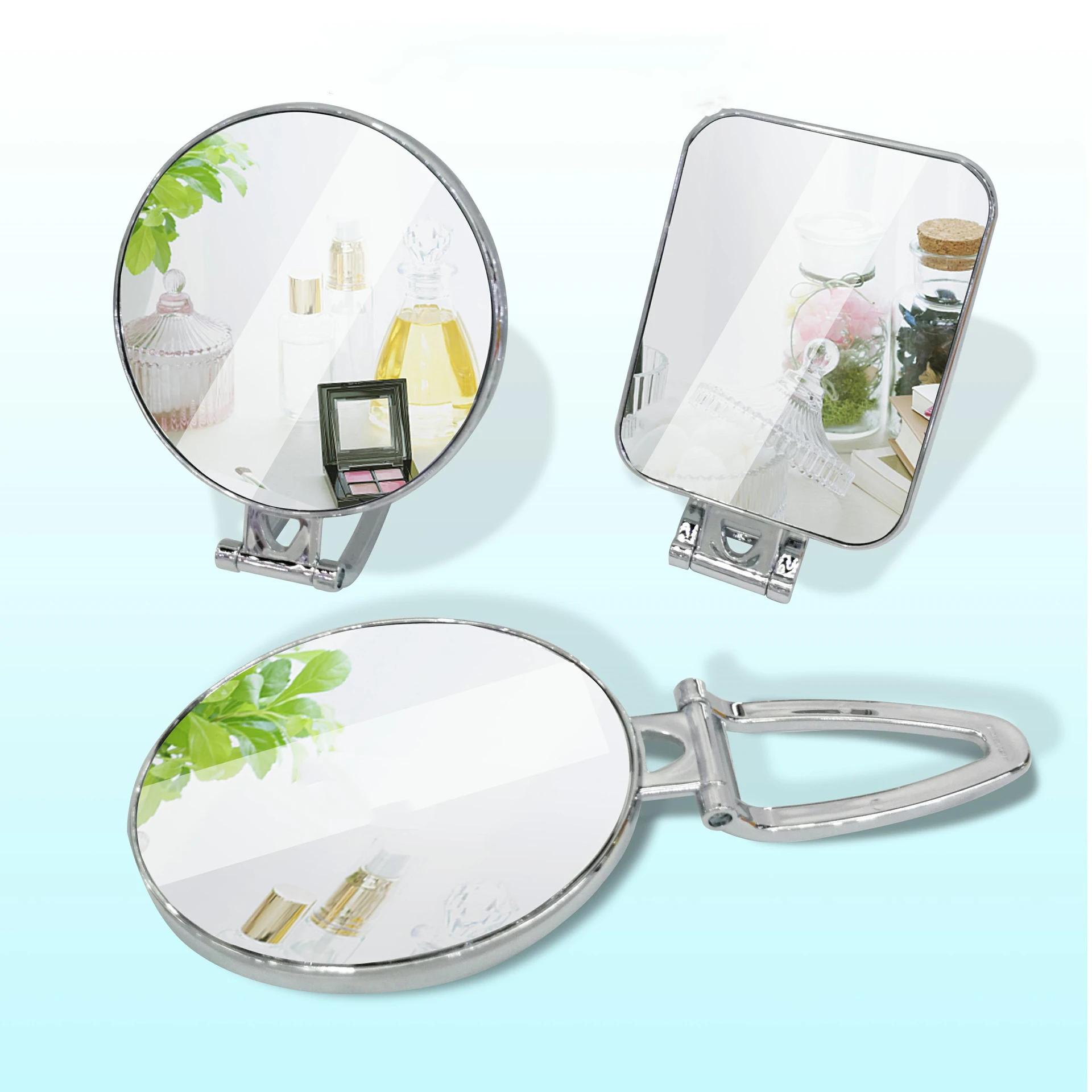 Double Sided Hand Held Mirror -Travel Makeup Mirror with Adjustable Folding Handle, Portable,Gold/Silver/Pink& Round/Oval/Square