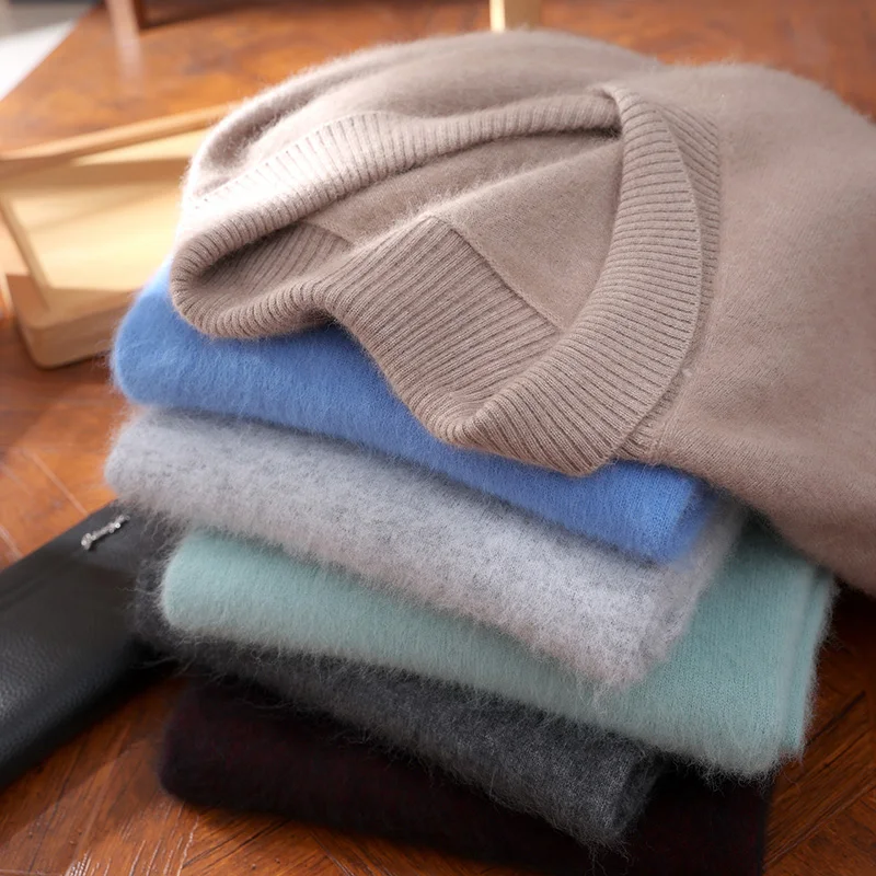 Fall/Winter 2025 New Mink Cashmere Men's Green Collar Solid Color Sweater Pullover Casual Wool Knitted Bottom Shirt