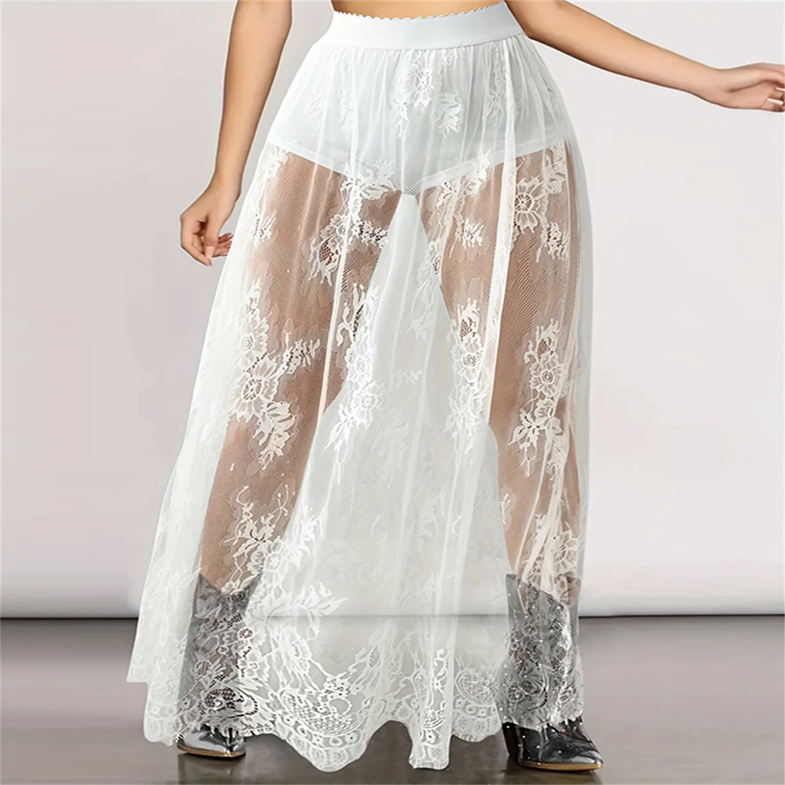 

Hot Women's Lace Embroidery Long Skirts High Waist Solid Color See-Through Midi Skirts with Built-in Shorts