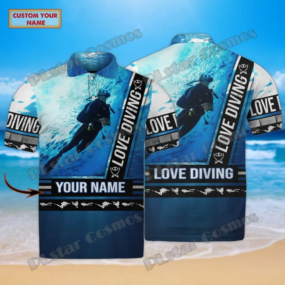 PLstar Cosmos Custom Name Scuba Diving 3D-gedrucktes Herren-Poloshirt Sommer Lässiges Kurzarmshirt Geschenk für Tauchliebhaber POL65