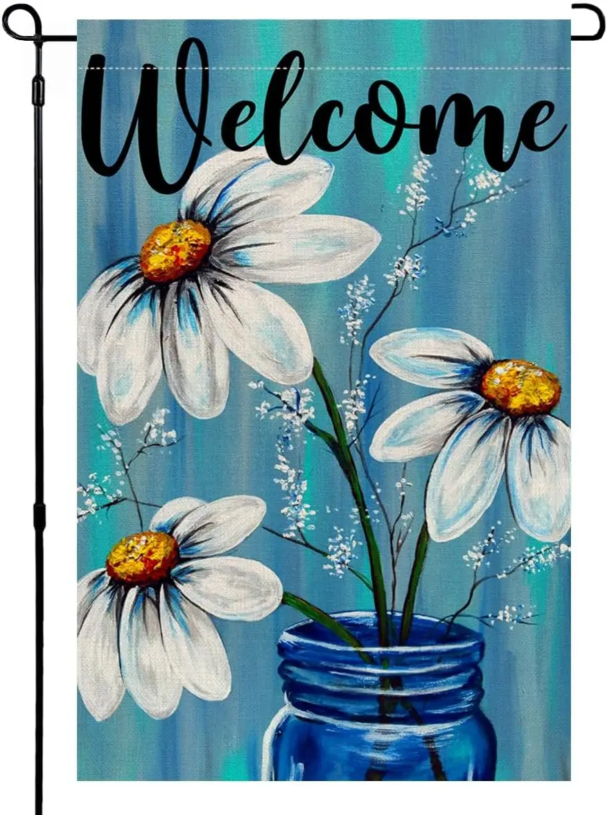 BLKWHT Summer Daisy Garden Flag Mason Jar Floral 12x18 Vertical Double Sided Welcome Spring Farmhouse Holiday Outside Decoration