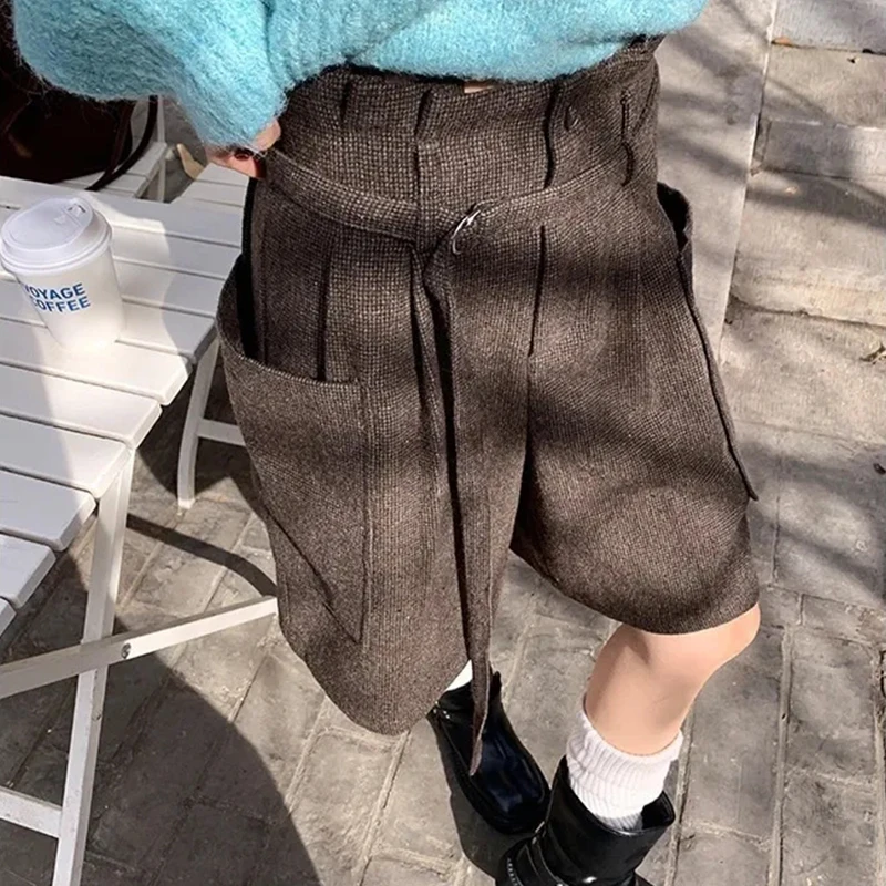 

Женские шерстяные мини-шорты, кофейные свободные твидовые прямые широкие брюки, новая осенне-зимняя повседневная универсальная одежда с небольшим ароматом