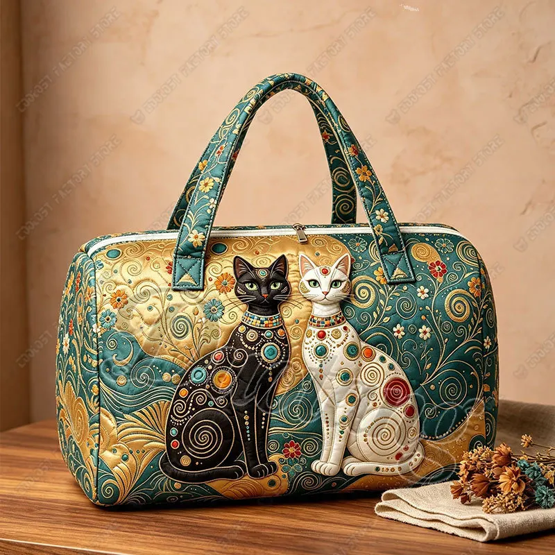 Bastet Black and White Cats Pattern Handbag for Travel Klimt-style 2D Flat Quilted Women Multifunctional Duffle Bag Shoes Holder