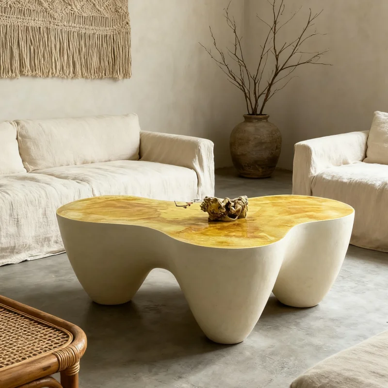 #Artistic Irregular Shaped FRP Coffee Table with Marble Textured Tabletop for Contemporary Living Room Art - Themed Cafe