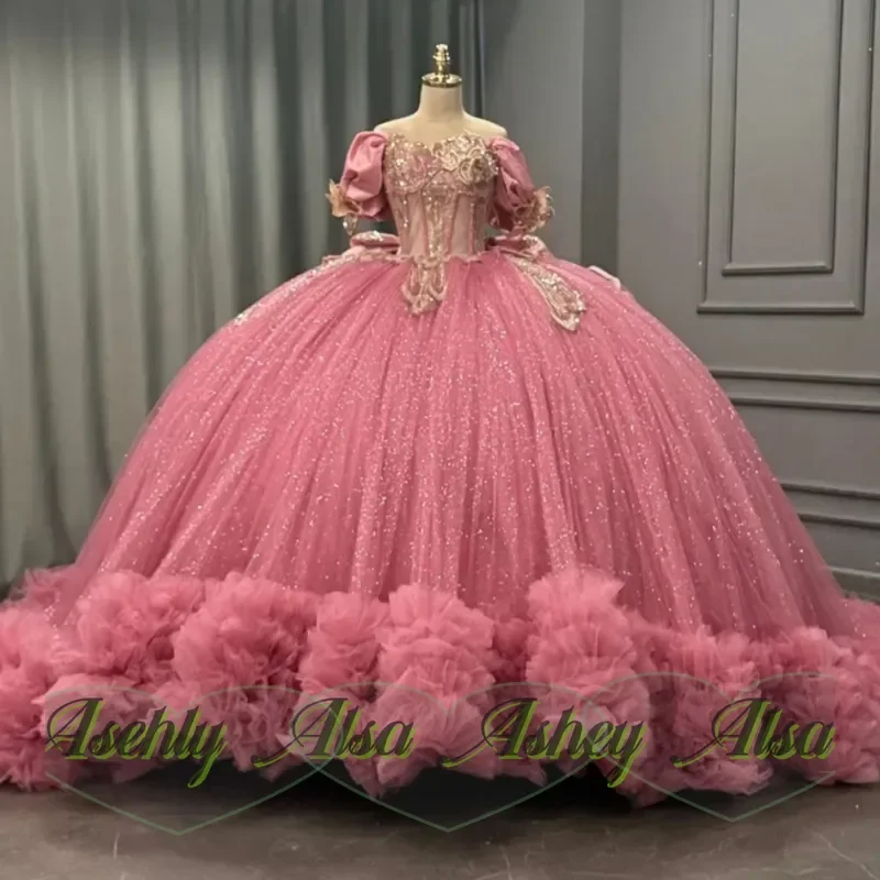 

Rose Red Shiny Quinceanera Dresses Lace Beading Crystal Bow Tiered Tull Corset Party Birthday Sweet 16 Dress Vestidos 15 Anos