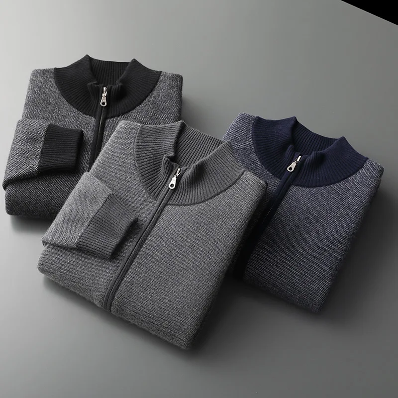 100% Cashmere Men's Semi High Neck Sweater Cardigan Autumn Winter Warm Business Casual Jacket Basic Style Knitted Soft Thick Top