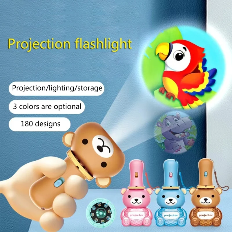 Kids Cartoon Bear Projector Torch Light Up Toy Animal Fruit Learn Educational Toys Baby Fairy Story Projection Lamp Flashlights