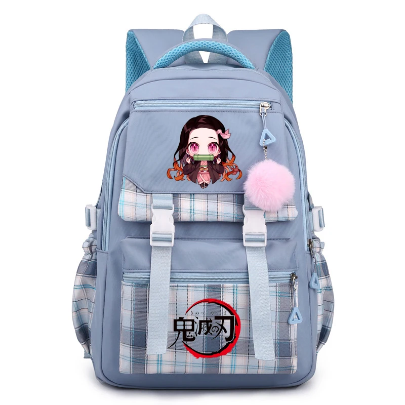 Demon Slayer Nezuko Backpacks Plaid multi-pocket Women Girls Laptop School Bags Lightweight Travel Outdoor Mochilas