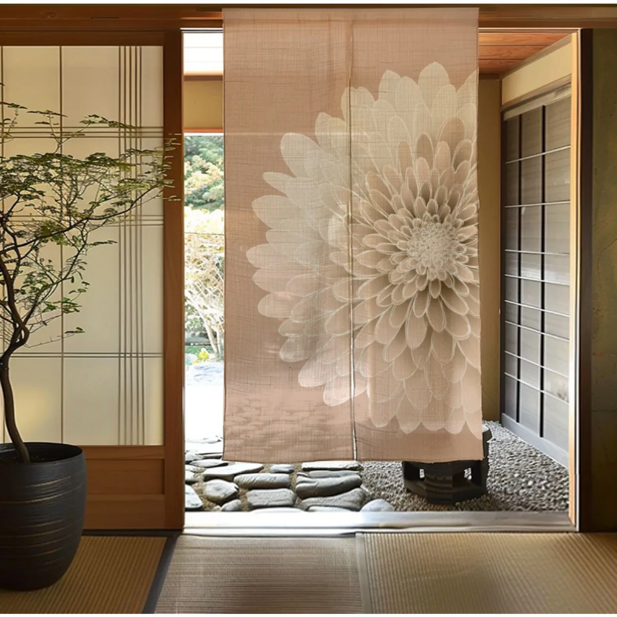 Boho Floral Mandala Print Curtain Room Divider Privacy Screen Sheer Polyester Lightweight Japanese Style Window Curtain