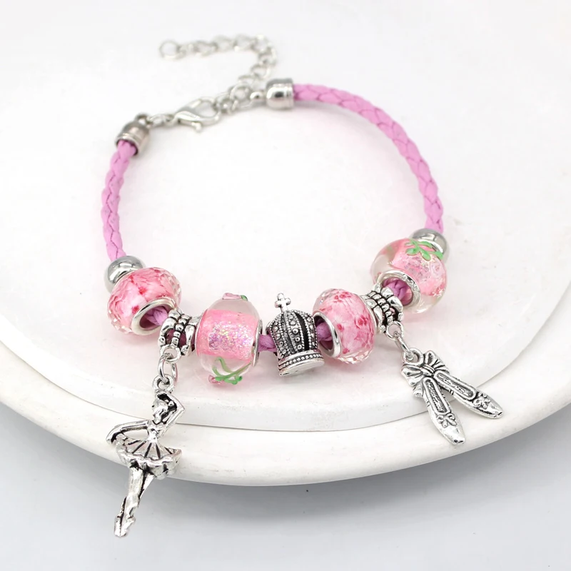 Braid Leather Bracelet Pink Lampwork Murano Glass Bead Crown Ballet Shoes Ballerina Charm Bracelets Jewelry Gift Bijoux Pulsera