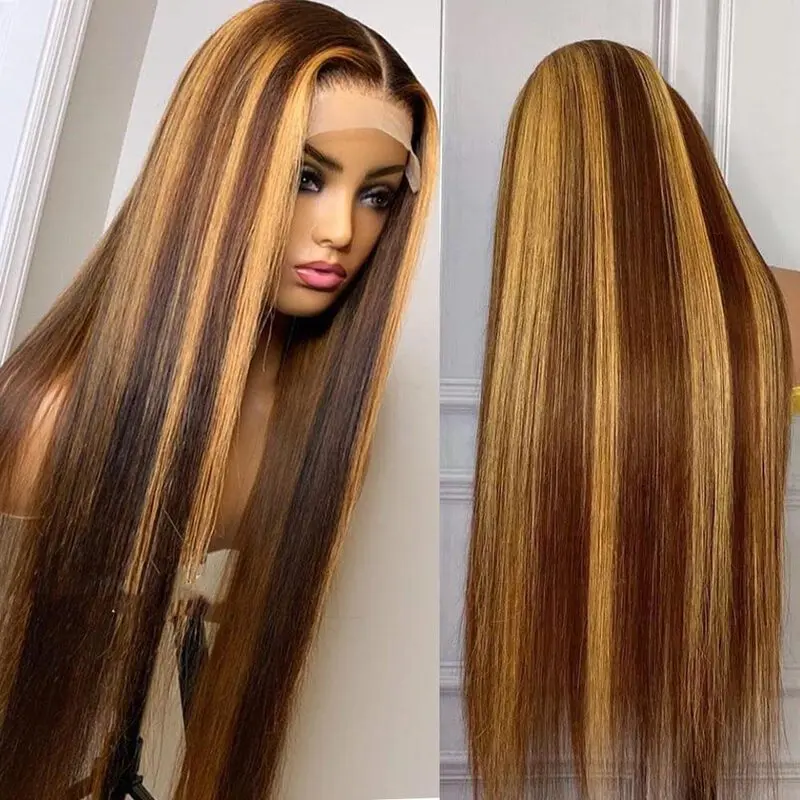 34 Inch Lace Front Wig Ombre Highlight 13x6 HD Transparent Straight Lace Front Wigs Human Hair 250% Density 4/27 Human Hair