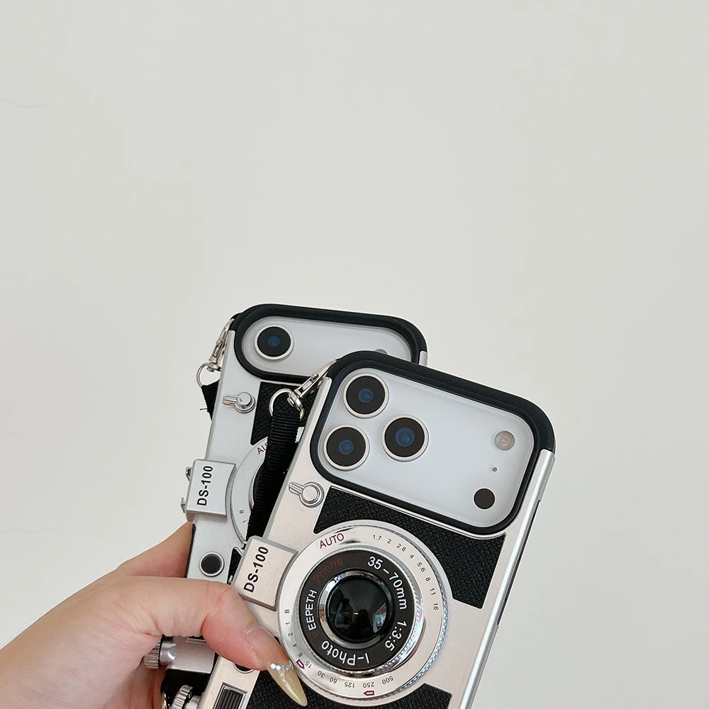 Camera Pattern Crossbody Lanyard Rope Phone Case For iPhone 18 17 16 15 14 13 12 11 Pro Max Soft Shockproof Silicone Cover Girls