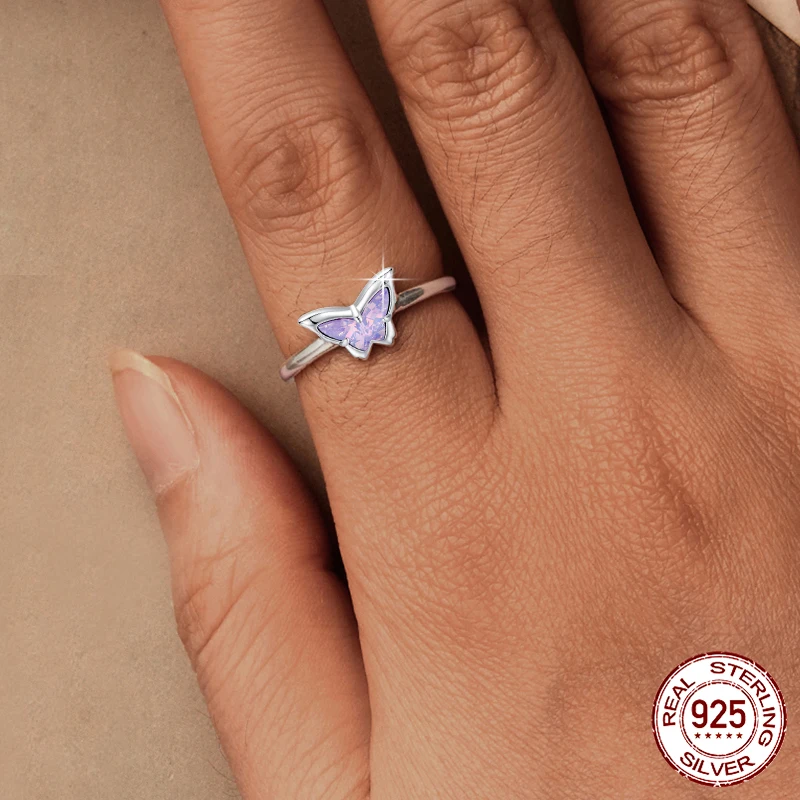 BAMOER 925 Sterling Silver Vivid Butterfly Open Ring, Exquisite Sweet Wedding Party Jewelry for Women BSR643-E