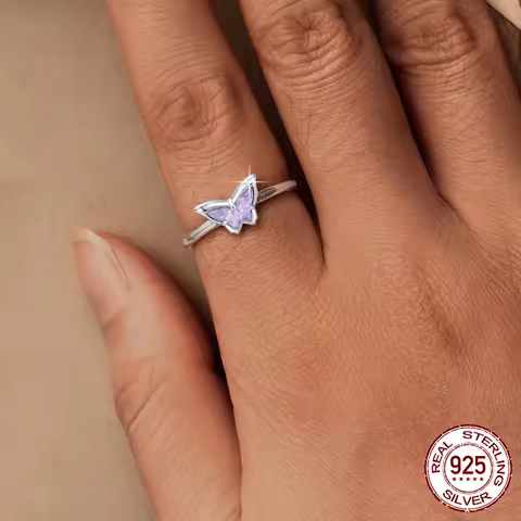 BAMOER 925 Sterling Silver Vivid Butterfly Open Ring, Exquisite Sweet Wedding Party Jewelry for Women BSR643-E