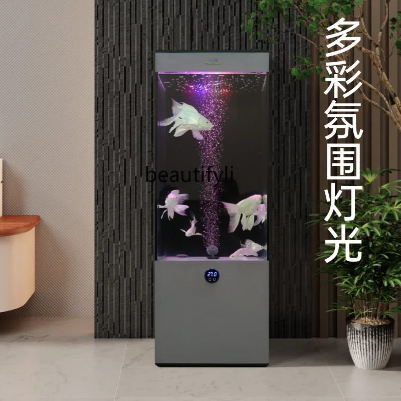 Fish Globe Floor-Standing Mute Ultra-White Glass Vertical Square Ecological Bottom Filter Aquarium beside TV Cabinet