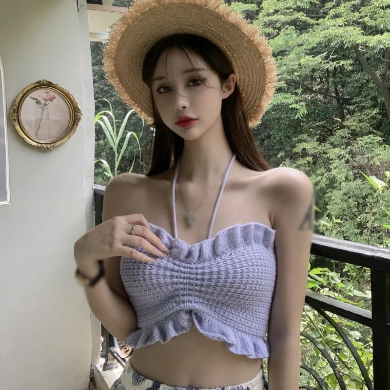 Bez ramiączek Off Shoulder Tube Tops Women Sexy Front Tie-up Ruffles Solid Color Crop Top Summer Party Beach Tank Knitted Vest