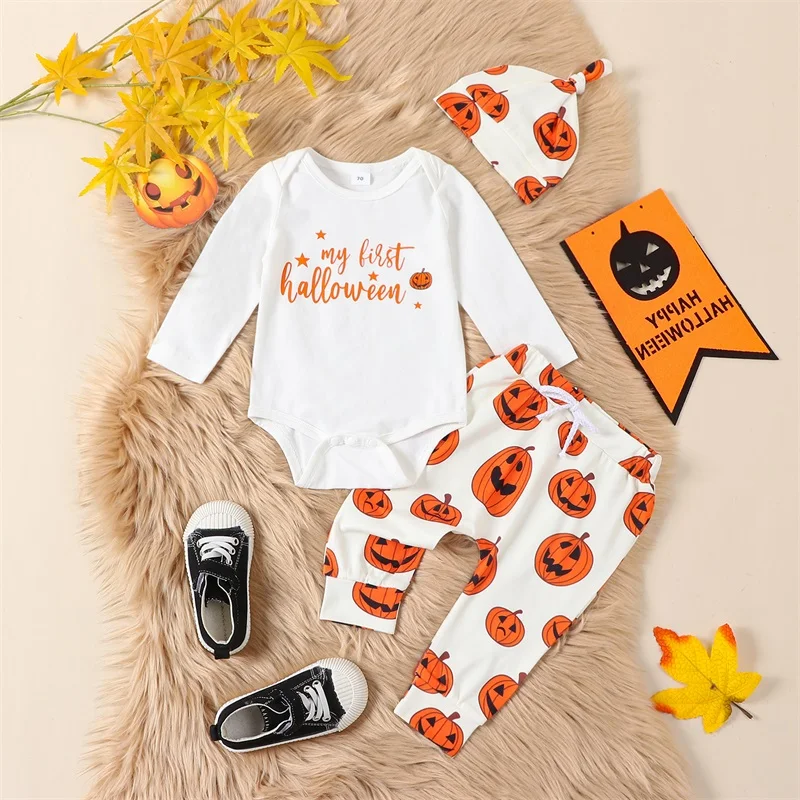 

Infant Boys Girls Halloween Costume Set with Letter Print Romper Pumpkin Turkey Print Pants and Hat - 3 Piece Thanksgiving