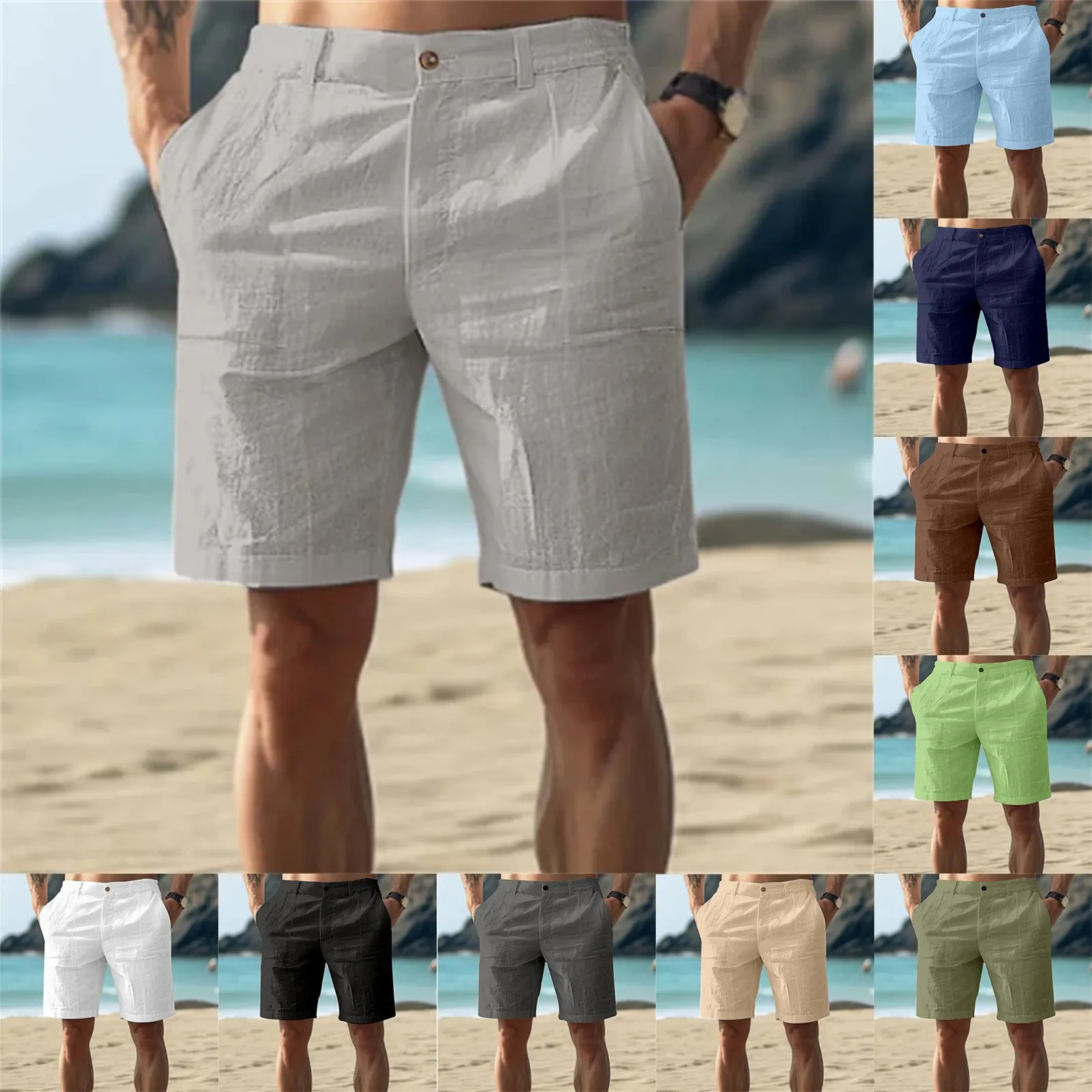 2025Men's Solid Color Casual Short Pants Linen Beach Breathable Comfortable Straight Short Trousers Hawaiian Holiday Men'S Pants