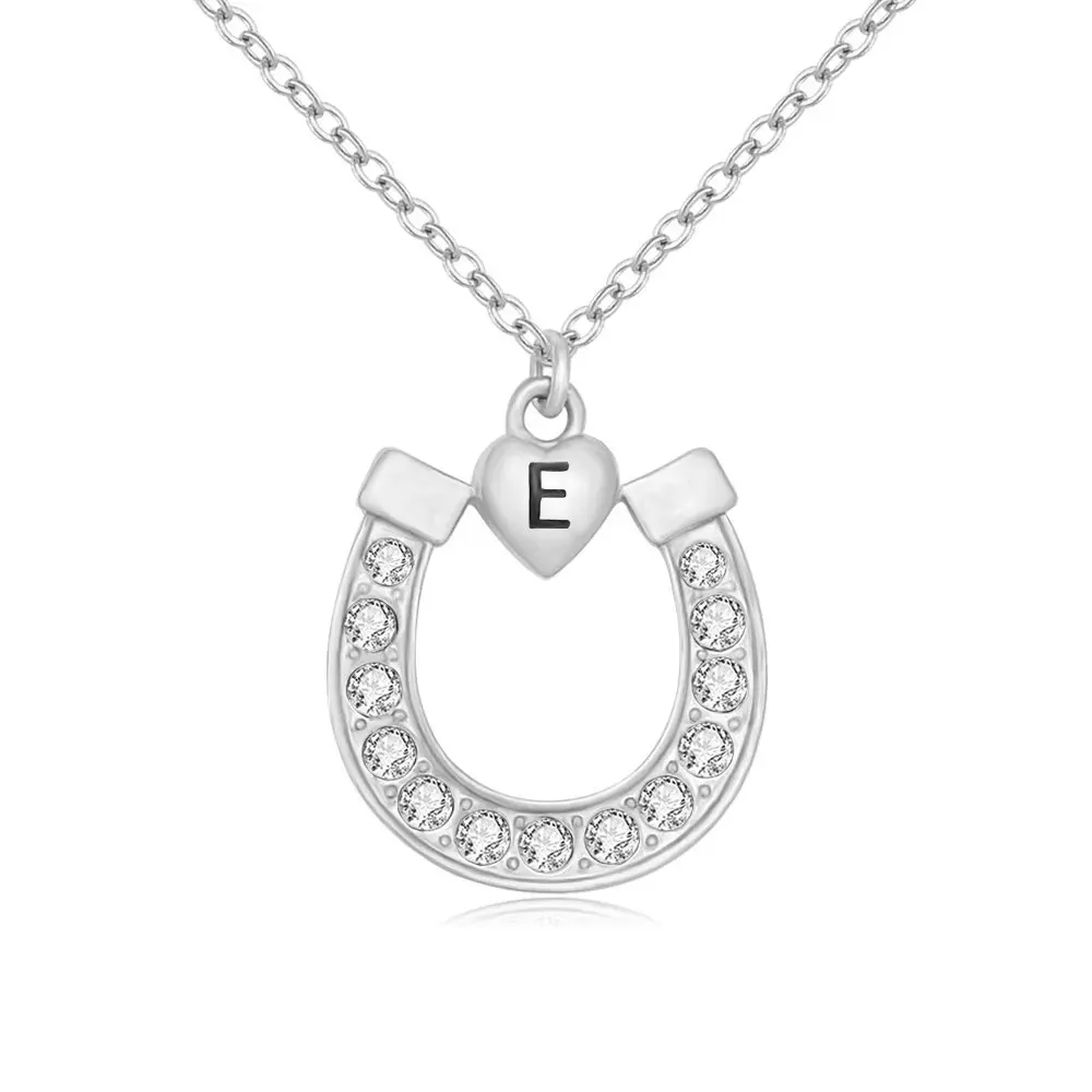 

Silver Crystal Lucky Horseshoe with Initial Letter Love Heart Pendant Necklace (E)