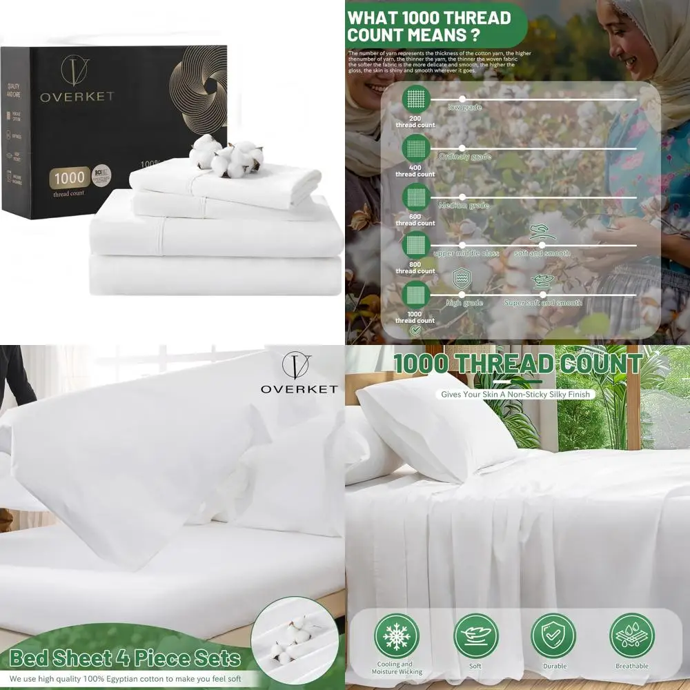 Juego de sábanas de algodón egipcio Queen Size de 1000 hilos, tejido de satén, 16 bolsillos, suave y transpirable, 4 piezas, blanco
