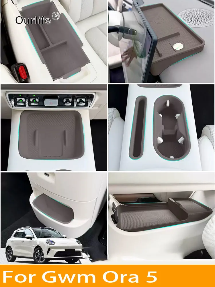 

Car Central Control Button Silicone Pad Armrest Box Cover Water cup slot For ORA 5 2026 Interior Accessories Set White Grey