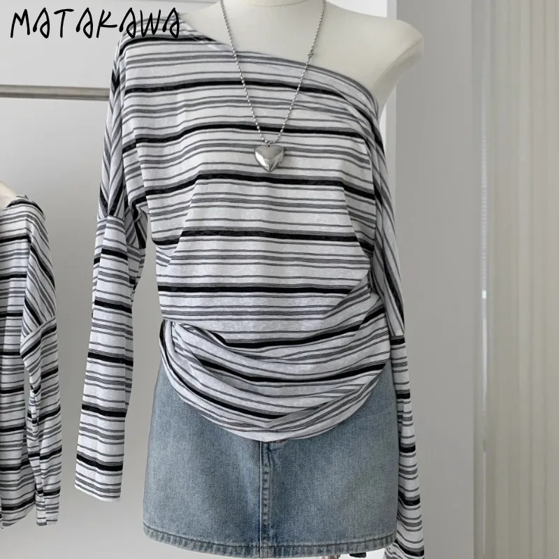 

Matakawa Spring Autumn Stripes T Shirt for Women Y2k Korean Fashion Skew Collar Vintage Ropa De Mujer Basics Casual Tees