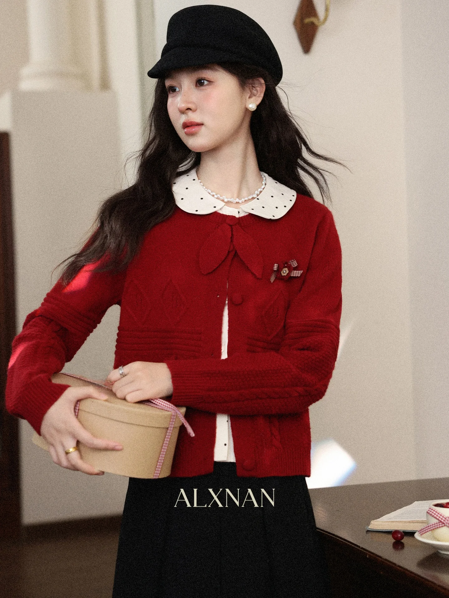 

Ele Red Polka Dot Knitted Sweater ort Sle Turn-down Collar Women's Winter Slim Fit Top by Deer South Micro Drunken Rose