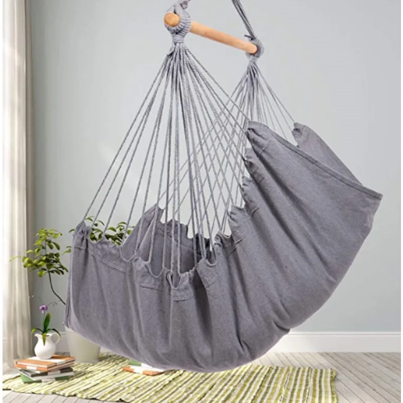Beige Canvas Hanging Swing Chair With Wooden Spreader Bar Macrame Tassel Hammock Chair With Cushion Boho Home Decor