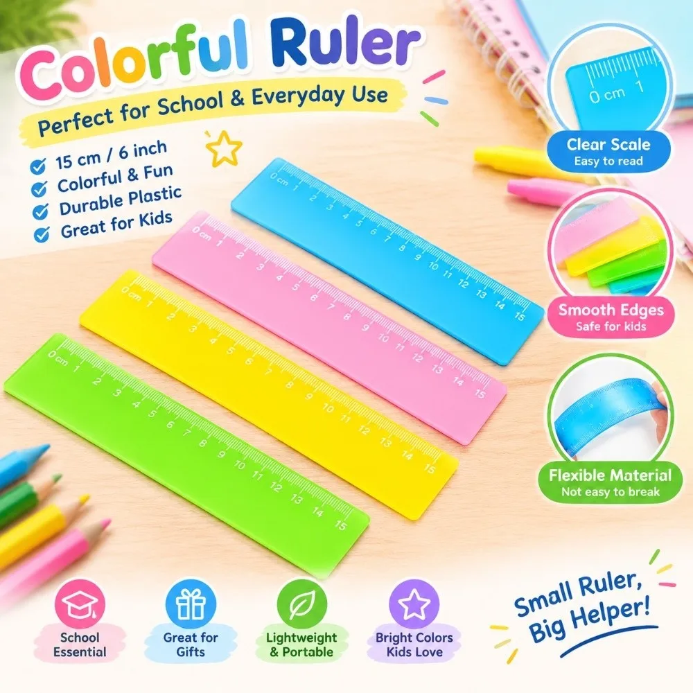 4pcs Candy Color 6 Inch Rulers Clear Scale Accurate Plastic Ruler Set Centimeter Measuring Tool Advertising Gift Ruler Classroom