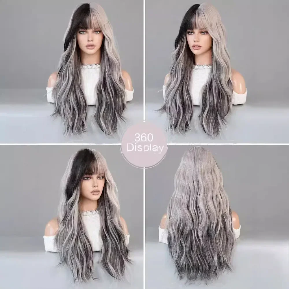 Wig sintetis penutup rambut simulasi ikat kepala atas penuh Wig nada ganda panjang keriting dan bergelombang