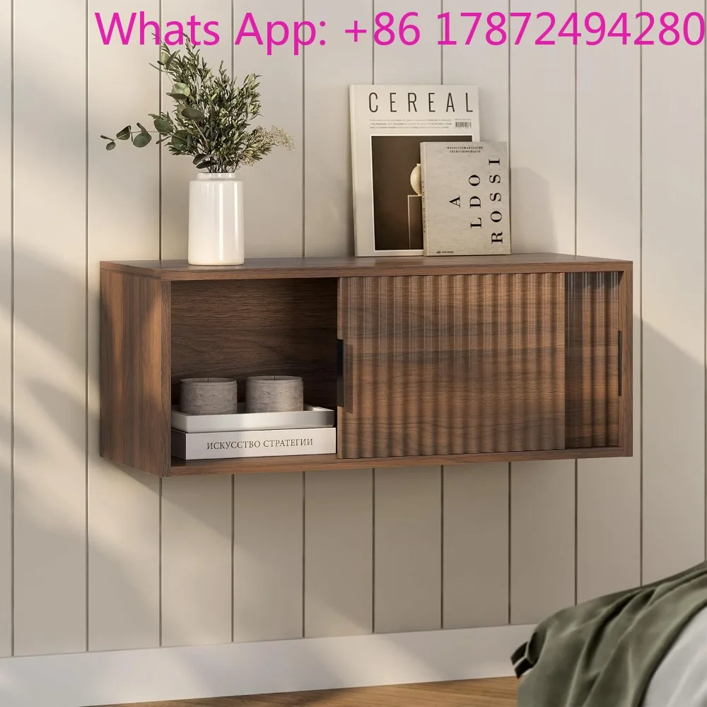 Set of 2 Modern Fluted Nightstands Wall Mounted Bedside Table Storage Cabinet with Sliding Doors