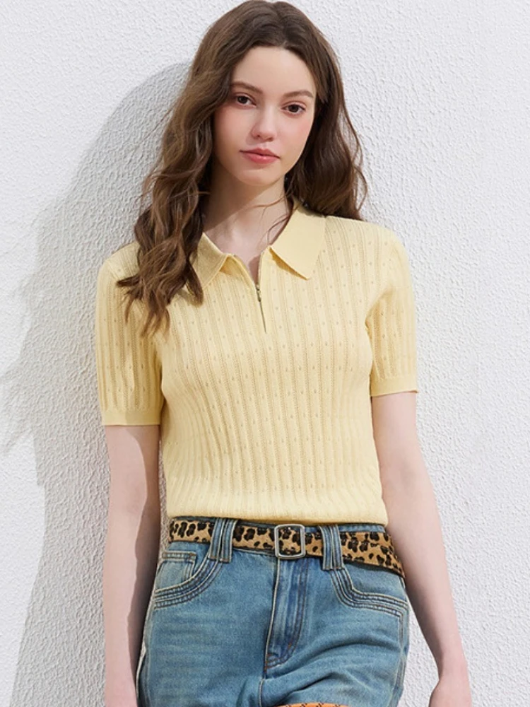 2026 Summer New Elegant Women T-shirt Hollow Jacquard Polo Collar Knit Top Women Slim Figure Flattering Versatile Tee