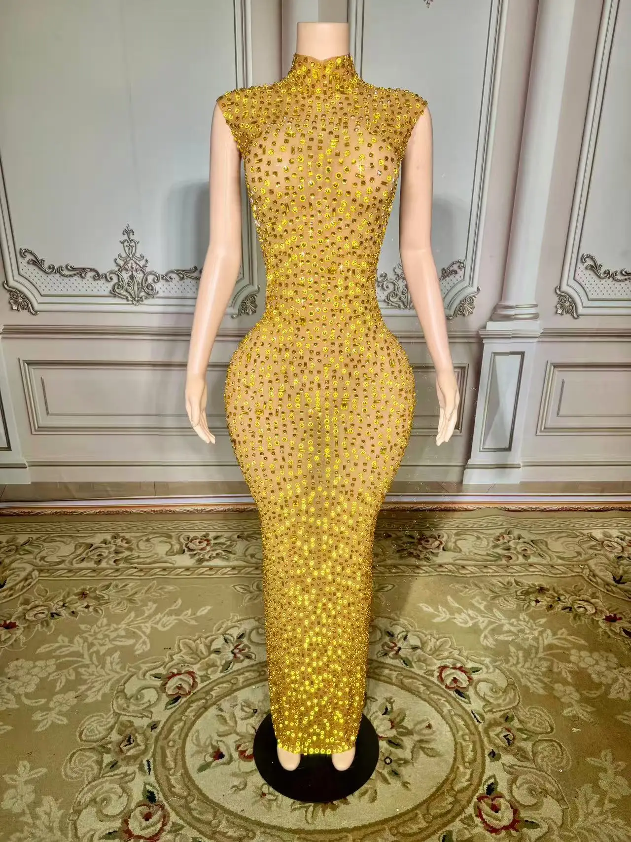 

Sexy Pink Mesh Party Dress Hollow Out Sleeveless Prom Gowns Pageant Dinner Night Wear for Women High Slit Performance Costumes