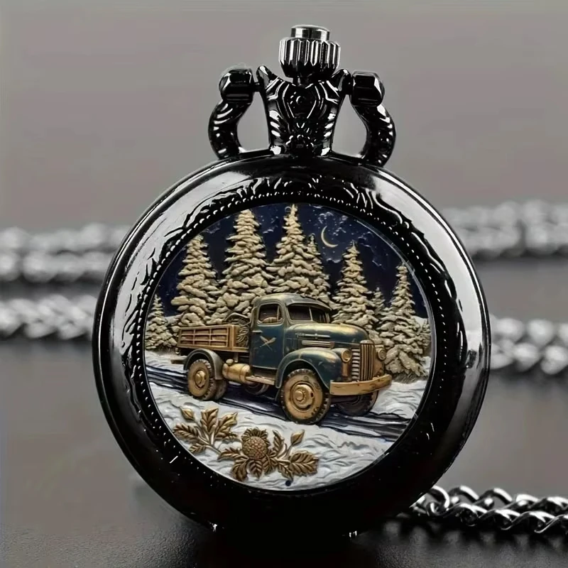 5Pcs Vintage Motorcycle Route 66 Pattern Quartz Pocket Watch Set, Black Retro Pendant Fob Watch With Chain, Biker Gift For Men
