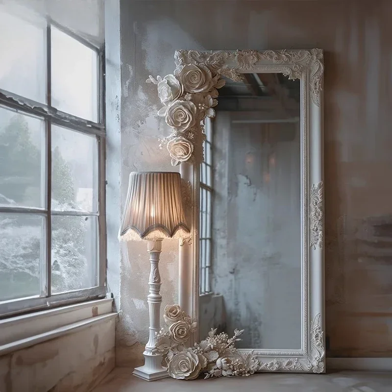 French retro carved half-body mirror villa living room floor-to-ceiling mirror bedroom cloakroom European wall-mounted full-leng