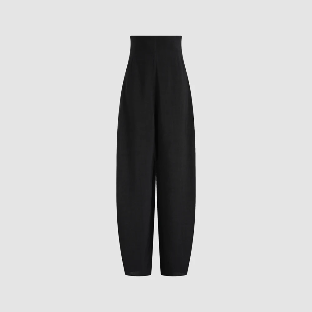 Women Cotton‑blend High Waist Barrel Pants Loose Wide Leg Trousers Back V‑Cut Design Casual Elegant Office Ladies Long Pants
