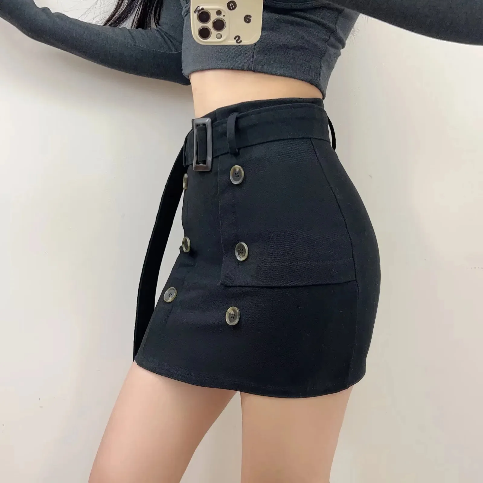 American Style Spicy Girl High Waist Double Breasted Half Length Skirt Women 2024 New Sexy Wrapped Hip Ultra Short Skirt FBY6