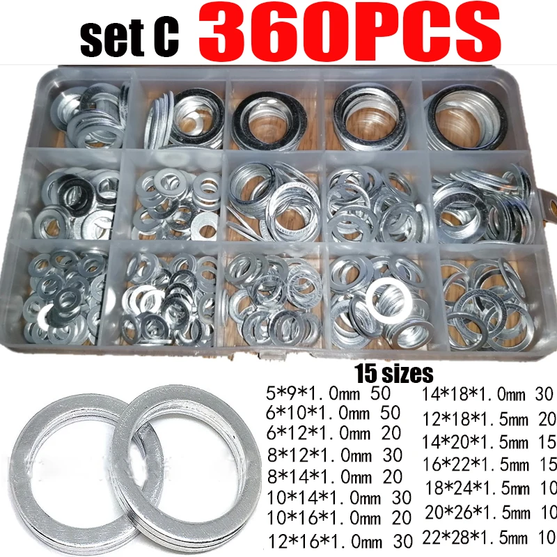 200-540pcs Aluminum Washer O-ring Solid Gasket Flat Washer Oil Sump Plug Flat Ring Seal Assortment M6/8/10/12/14/16/18/20/22/24