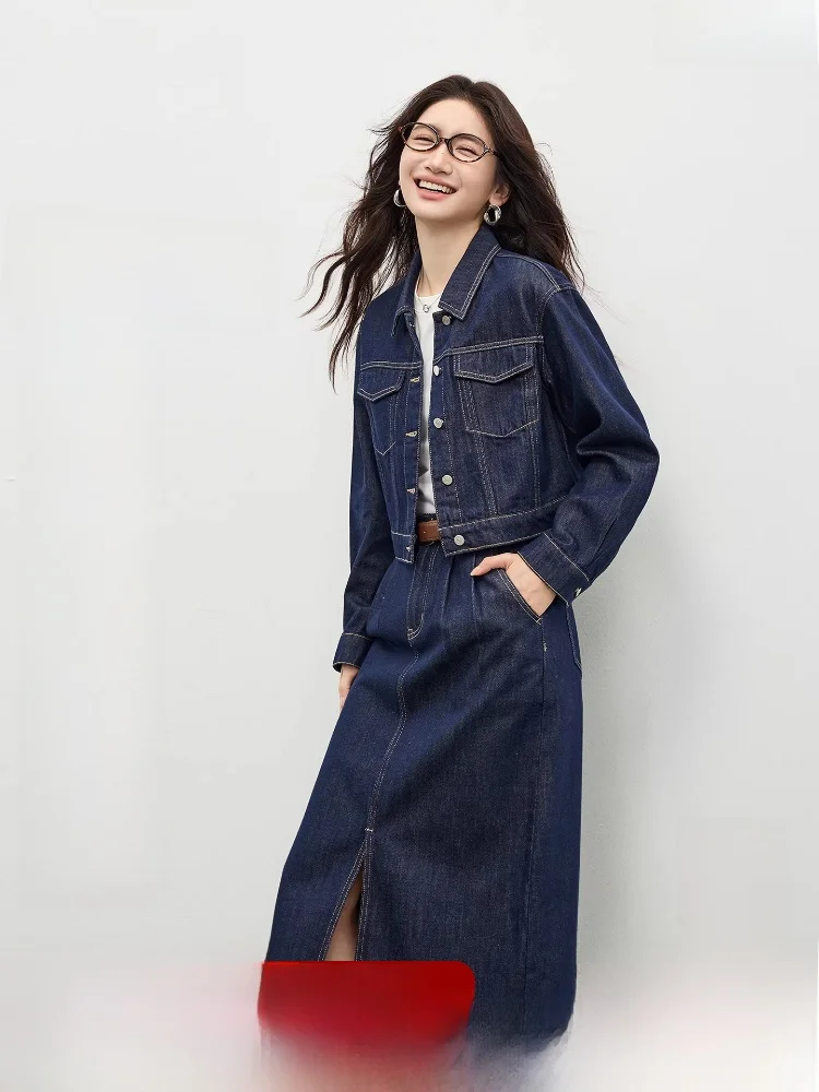 

Women's Spring 2026 New Loose ort Denim Jaet And Midi A-Line Skirt Set Casual Faion Two-Piece Outfit Comfortable Cotton