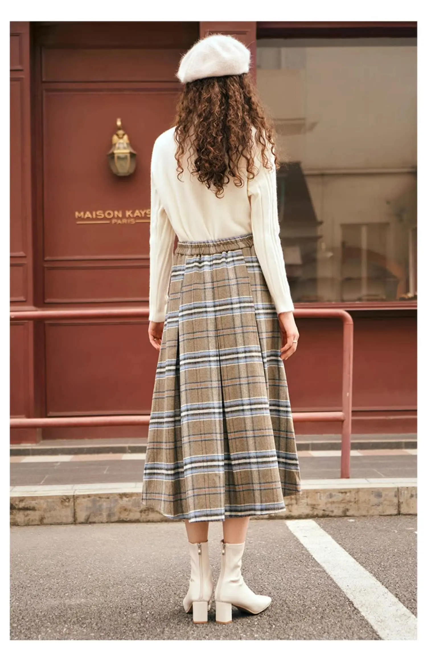 OLrain Women's Plaid Pleated Skirts 2025 Spring French Style A-line Vintage Spliced Wool Blend High-waist Midi Skirt O23DB89110