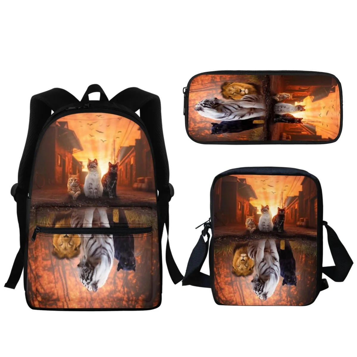 3PC Cartoon Tiger Cat Designer Fashion School Bag Children Girls Casual Zipper Backpack Pupil Pencil Case Mochila BookBags Gift