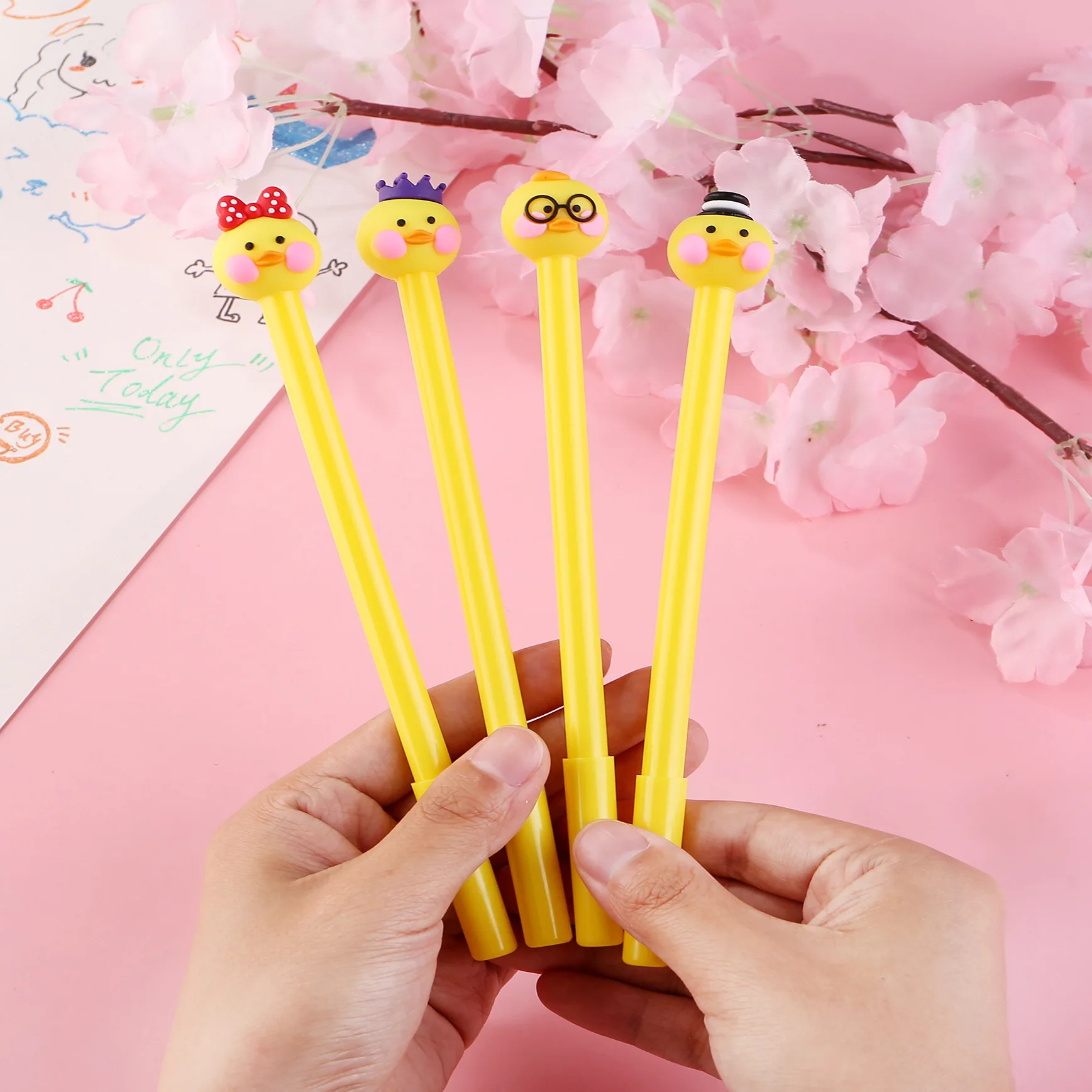 100 Pcs Gel Pens Korean Creative Stationery Cute Duck Neutral Pen Cartoon Yellow Duck 0.5mm Black Ink Korean Stationery