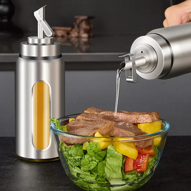 Stainless Steel Auto Open Anti Drip Oil Vinegar Sauce Dispenser Bottle Double Wall Window Wide Mouth Kitchen Multi Capacity